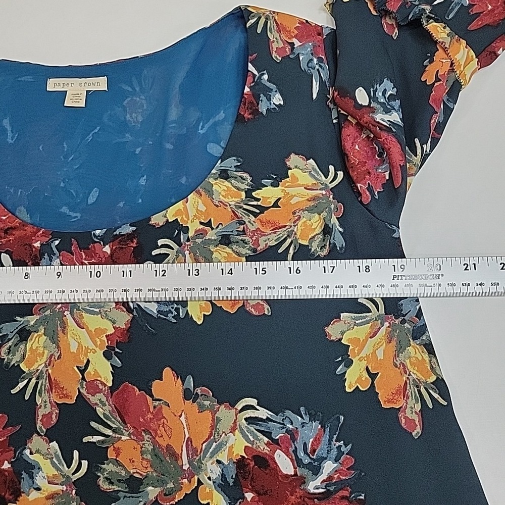Paper Crown Women's Floral Bell Sleeve Tunic Dress Top Blue Multicolor Small - Picture 3 of 7